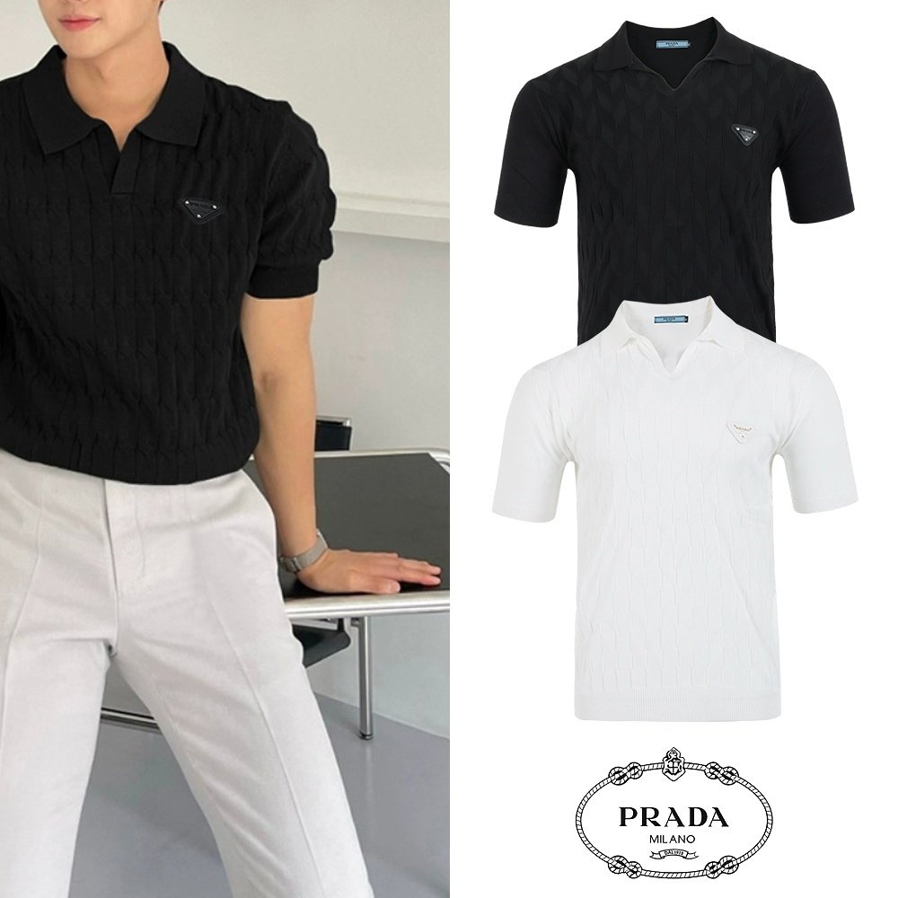 PRADA 프라다 레더 트라이앵글 오픈 카라 니트