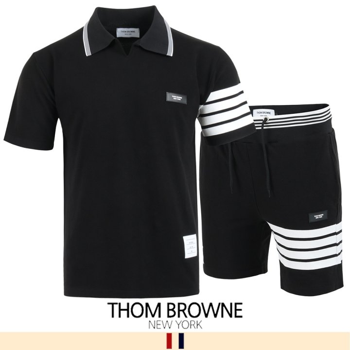 THOM BROWNE 톰브라운 화이트 시보리 오픈 카라 반팔 & 반바지 세트