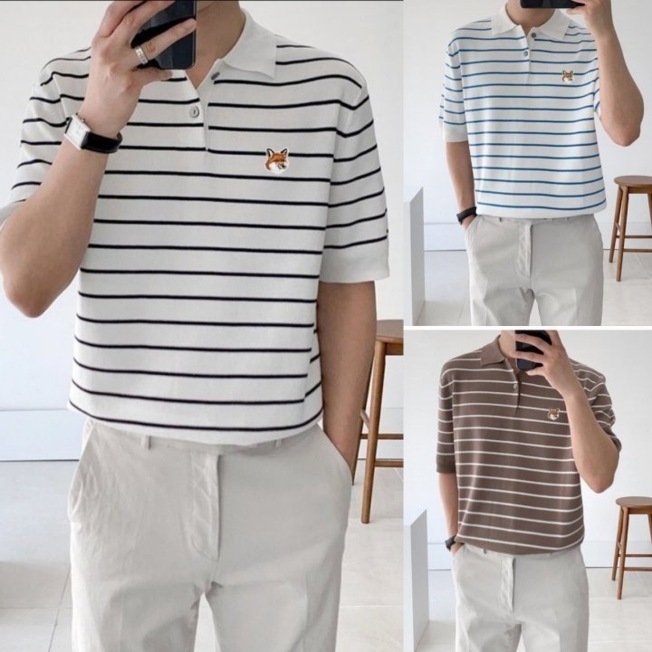 MAISON KITSUNE 메종키츠네 폭스헤드 스트라이프 카라니트