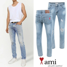 AMI 아미 레터링 데미지 워싱 슬림진