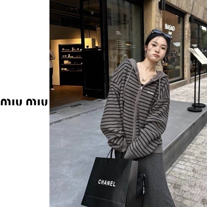 MIUMIU 미우미우 단가라 레터링 니트 후드집업 2COLOR