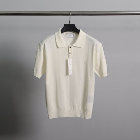 AMI 아미 화이트하트자수 린넨 반팔 카라 니트