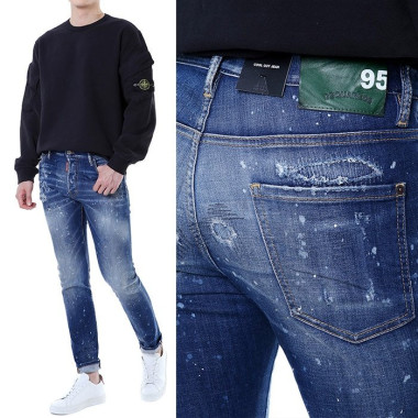 DSQUARED2 디스퀘어드2 딥그린 레더패치 페인트 스팟 슈퍼디스 덧댐 중청 워싱진