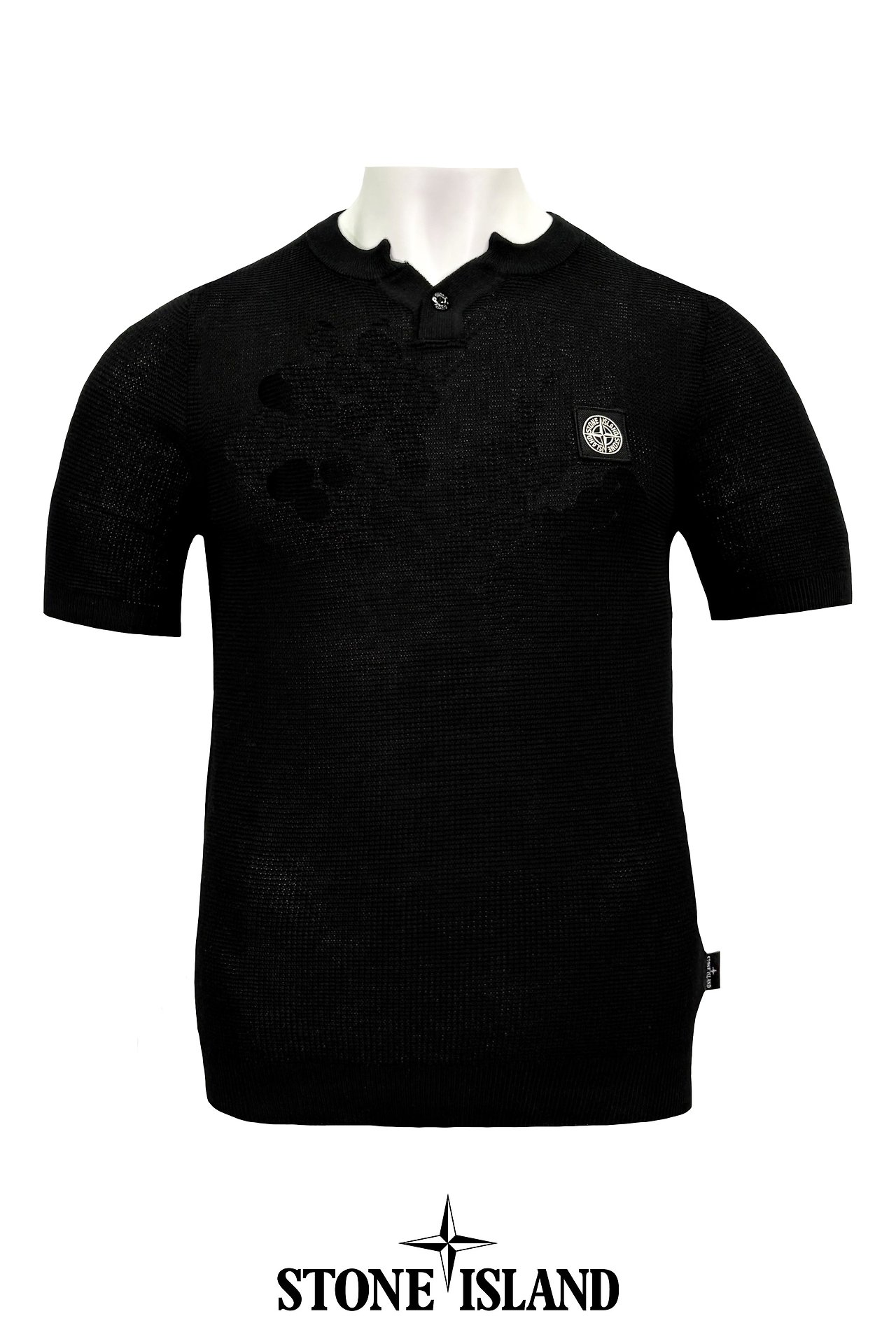 STONE ISLAND 스톤아일랜드 스퀘어 와팬 쿨링 린넨 Y 헨리넥 하프 머슬핏 니트 2COLOR