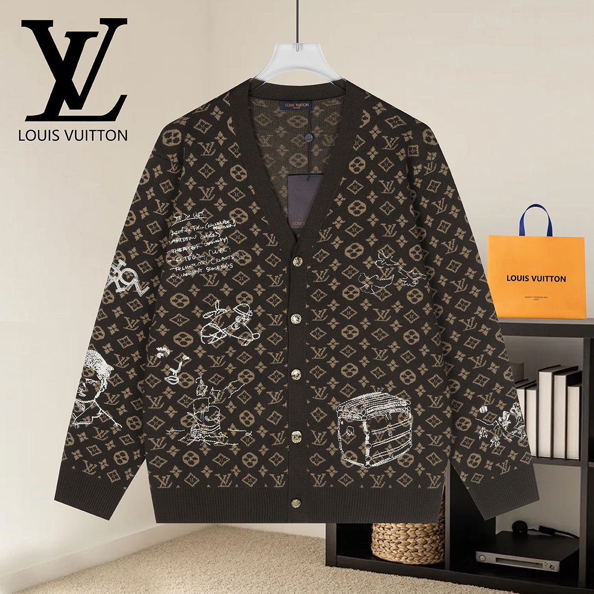 LOUIS VUITTON 루이비통 60077 모노그램 자카드 스케치 니트 가디건