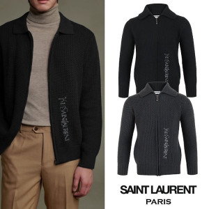 SAINT LAURENT 생로랑  레터링 자수 와플 니트 집업